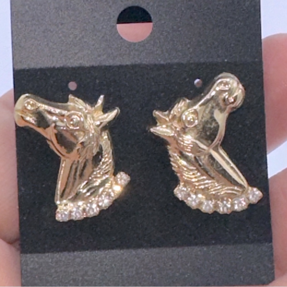Women’s Gold tone horse head earrings with CZs